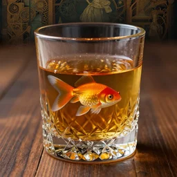 on a wooden floor there is a crystal glass filled with whiskey and a goldfish swimming inside, close up view, dramatic lighting, DOF, caustics, soft, sharp focus, art nouveau, steampunk, intricate artwork by Raymond Swanland and Greg Rutkowski and Lucas Staniec
