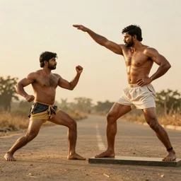 toy called Stretch Armstrong fighting an Indian man, life size, fighting a small Indian man, golden hour, award winning,