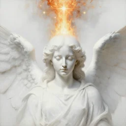 hyperdetailed realistic painting portrait of white white!!! angel with clean narrow!! face like noface, by jan van eyck, by gerhard richter, noface!!!!, miracle light coming up from the head up and up!!, a lot of fire - stars overhead!!!, misty space, grace and blessing, sfumato effect, renaissance, christianity, marble stone, glow effect, large strokes, soft shadow and light, white background, abstract background, minimal