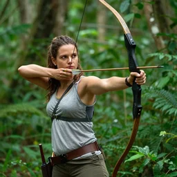 film still of a female heroine in the jungle hunting with bow and arrow, by tori seubert, realistic