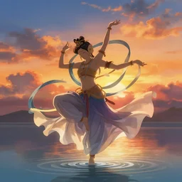Himalayan priestess dancing on water, beautiful flowing fabric, sunset, dramatic angle, realistic and detailed, by studio trigger, pixiv dslr photo by Makoto Shinkai rossdraws and Wojtek Fus