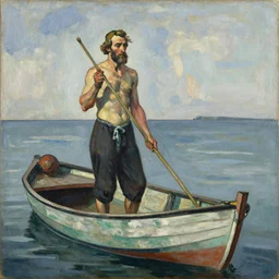 painting of wise man as a fisherman on a small boat by the coast by lucian freud - h 7 0 4