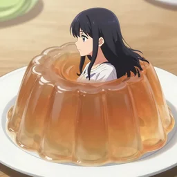 side view of a beautiful anime woman stuck inside of a giant jello placed on a plate, realistic anime CGI art style.