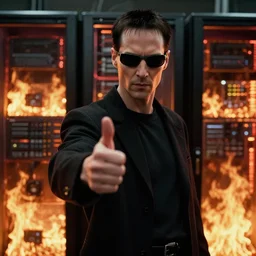 Movie still of Neo in The Matrix movie doing a thumb up to the camera in front on burning servers.