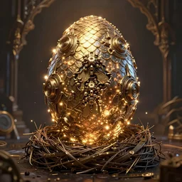 in the magic nest, a mystical steampunk dragon egg covered with huge electroplated scales, magic light dust, horizon zero dawn machine, intricate. symmetrical. dim lighting, unreal engine 5, concept art ， by greg rutkowski, loish, highly rendered, digital painting, artstation, artstation hq, warm toplight 8 k