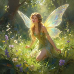 hyper realist matte digital painting of a beautifyl fairy in a sunlit clearing, flowers, fairytale, fantasy art, photo realistic, dynamic lighting, artstation, volumetric lighting, by mucha, by charlie bowater, by karol bak, by alma tadema