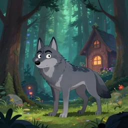a cartoonish anthropomorphic grey wolf is lurking in a mystical forest full of wonders, pine trees, magical atmosphere, wooden house, trending on artstation, 3 0 mm, by noah bradley trending on artstation, deviantart, high detail, stylized portrait