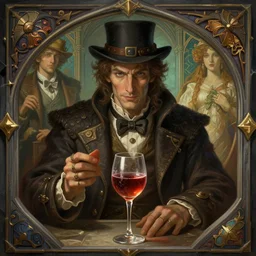 urban legend about obsession. it includes an inventor and a wine glass, deep focus, d & d, fantasy, intricate, elegant, highly detailed, digital painting, artstation, concept art, matte, sharp focus, illustration, hearthstone, art by artgerm and greg rutkowski and alphonse mucha