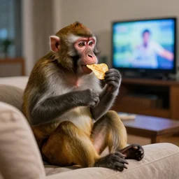 a monkey sitting on a sofa, eating chips and watching TV, professional photo