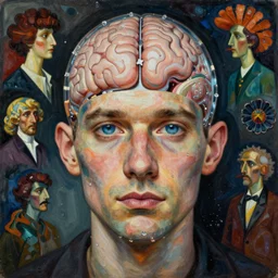 realistic extremely detailed portrait painting of an average man with exposed clear brain case:10, retro futuristic ,water water, by   beeple,Jean Delville, Amano,Yves Tanguy, Alphonse Mucha, Ernst Haeckel, Edward Robert Hughes,Stanisław Szukalski and  Roger Dean, rich moody colors, blue eyes,octane render,4k,f32