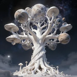 a cosmic yggdrasil with planets hanging from the branches by mushroom dreams visionar, digital art, artstation, low angle, high detail, intricate, white wood, wide shot,