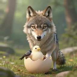 professional digital art of a cute hybrid between a wolf and a bird, hatching out of an egg, 8K, HD, highly detailed
