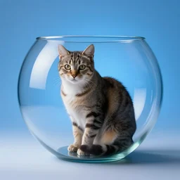 the cat is sitting inside of a large glass bowl in front of blue light by karel thole
