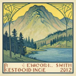 painting of a mountain with trees and a body of water, an art deco painting by elwood h. smith, pinterest, shin - hanga, woodcut, matte drawing, concert poster