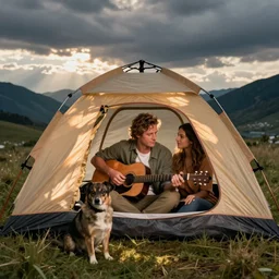john mayer goes camping, he's in a tent with his guitar, his dog, and his fiance. it's a pretty picture.
