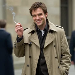 photorealistic photography of jean dujardin as harry dresden posing as a charismatic smiling thief!, with a light brown trench coat and a cigarette, in dresden files movie, super detailed, hd