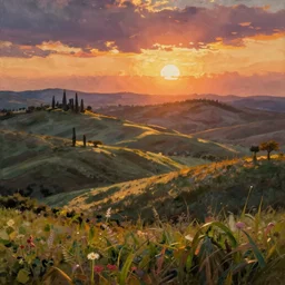 tuscany hills during sunset, oil painting in style of van gogh
