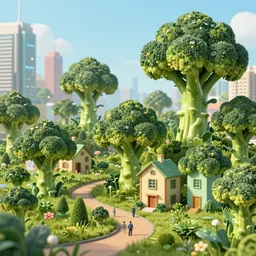 a futuristic city, all the houses are made of broccoli, fantasy style