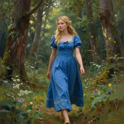 a beautiful detailed intricate photorealistic painting of a young blond girl in a blue dress woman walking through a forest. fairy tail. vibrant. beautiful. photorealistic. hd. hq. trending on arstation.