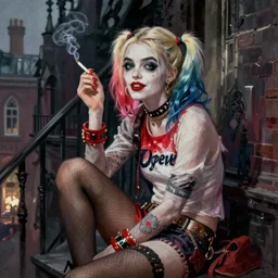 character portrait of harley quinn sitting down on a fire escape smoking a cigarette in gothic london, gothic, john singer sargent, muted colors, moody colors, illustration, digital illustration, amazing values, art by j. c. leyendecker, joseph christian leyendecker, william - adolphe bouguerea, graphic style, dramatic lighting, gothic lighting