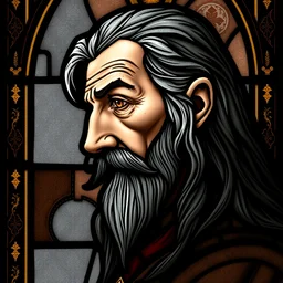 gothic stained glass window, detailed side - view portrait of an old geralt of rivia, amber eyes, long dark grey hair, horse shoe mustache, detailed and masterful, backlit