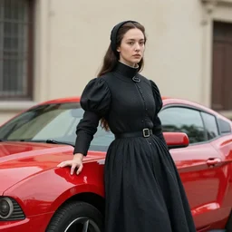 a photograph of joan of arc leaning on a red mustang