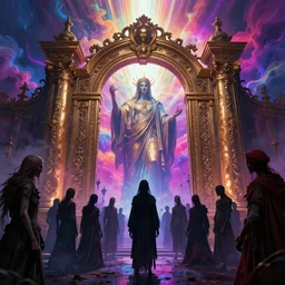 [ palate ] [ vibrant gothic colors ] orphaned spirits congregating at giant bronze gateway, god figure waiting behind the gate, vibrant neon nebulous clouds, hyper realistic illustration, radiant light rays, photorealistic illustration, intricate and fine details, volumetric lighting, artstation