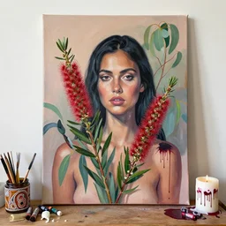 “ a portrait in a female art student ’ s apartment, australian wildflowers, sensual, queer woman, flax, flannel flower, bottlebrush, eucalyptus, charred, bushfire, new leaves, art supplies, a candle dripping white wax, aboriginal art, berry juice drips, acrylic and spray paint and oilstick on canvas, surrealism, neoexpressionism ”