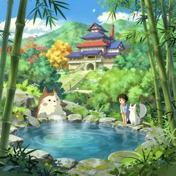 a natural hotspring next to a colorful kitsune wizard college, anime movie background, key visual, bamboo, a fantasy digital painting by makoto shinkai and james gurney, trending on artstation, highly detailed