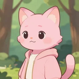 cute art of a light pink anthro furry cat furry sona character wearing jacket, looking at viewer, on a trees background, profile picture digital art, trending on artstation