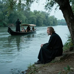 a man sits at the edge of a river in the underworld in hades waiting for the ferryman charon, beksinksi, dariusz zawadzki