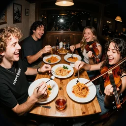 laughing drunk people eating spaghetti and playing violins. highly detailed flash photography. fisheye lens
