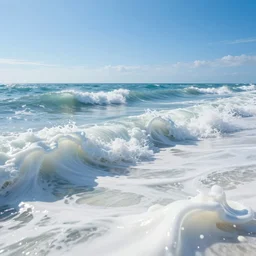 side view extreme close up of ocean full of white vitamin d milk. nice blue sky on horizon. an ocean of gentle waves made of white milk. digital art, octane 3 d, ue 5, 4 k, award winning, dramatic lighting, subsurface scatter, dynamic contrast, hdr.