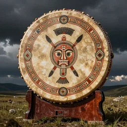 indigenous highly decorated shamanic drum, fantasy art, matte painting