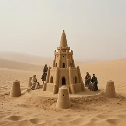 a sand castle in a foggy desert, by jean delville and sophie anderson and mandy jurgens and jean - auguste - dominique ingres, moody atmosphere, cinematic atmospheric, golden ratio, perfect composition, elegant, no crop, extremely detailed, hd, masterpiece, artstation