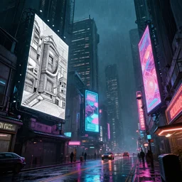 sci-fi cyberpunk city street, billboards, neon holograms, neon signs, rainy night, dramatic lighting, cinematic, establishing shot, extremely high detail, foto realistic, cinematic lighting, pen and ink, intricate line drawings, post processed, concept art, artstation, matte painting, style by Raphael Lacoste, Eddie Mendoza ,