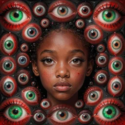 eyes!! a black girl!! with many eyes!, surreal art by colin christian and junji ito and mc escher and ian miller, faberge eyes, trypophobia! eyes, eyes everywhere, symmetry, eyes!, homicidal eyes, ( hypnotic optical illusion )!, red black and green, chet zar, highly detailed, infinite intricacy