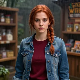 an insanely detailed realistic depiction of beautiful jodi from stardew valley standing in the rainy store wearing burgundy sweater under denim jacket, auburn hair, pretty brown eyes, french braid, in the style of peter mohrbacher, artgerm, dramatic lighting and composition, octane render, trending on artstation, concept art 8 k