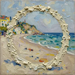 palette knife painting of a close up of a three - dimensional thick impasto oil painting of a beautiful italian beach scene, seen through complex globular texture, lots of thick encrusted paint, vast amounts of wax - like lines of dripping oil paint cover nearly everything, painted by signac and david bomberg, background thick encrusted paint
