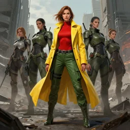 character desing concept art beautiful women cybersoldiers wearing, red top, green cargo pants, long tailored yellow coat in a ruined city by rossdraws, greg rutkowski, artgerm, rossdraws, jparked, jordan grimmer, artstation, intricated, detailed, octane rendered, epic scene