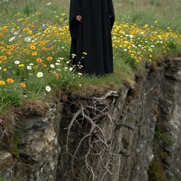 a closeup of a cloaked woman stands on a cliff edge of flowers, below the cliff are terrifying roots and thorns, by mike davis