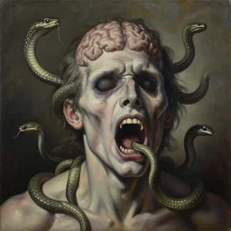 an oil on canvas painting of a screaming decapitated man's withered face with blank eye sockets and biting serpents swarming out of his exposed brain, a surrealist painting, polycount, surrealism, surrealist, lovecraftian, cosmic horror