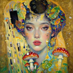 close - up portrait of beautiful girl by irakli nadar with intricate detailed color smashing fluid oil paint and acrylic, color leaves, melting wax, fly agaric mushrooms, abstract impressionism, ruan jia, fantasy, hyper detailed, concept art, by peter mohrbacher and gustav klimt,