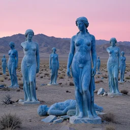 a field of giant blue marble statues of women in various ruin across a mountainous desert with pink light on the horizon by andreas achenbach and carl gustav carus and thomas cole and delphin enjolras