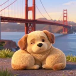 insanely cute cuddling dog on golden gate bridge in pixar remake golden hour