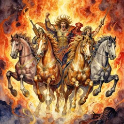 a beautifull intricate watercolour painting of the four horsemen of the apocalypse, riding from hell, fiery hell in the background, fear, anger, chaos, verry high details by william turner art, greg rutkowski and alphonse mucha, trending on artstation, very very detailed, masterpiece, vibrant colors