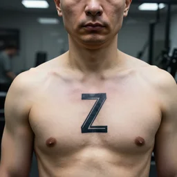 putin at a tattoo shop. tattoo of the letter z on his bare chest. his face is clearly visible. canon eos r 3, f / 1. 4, iso 2 0 0, 1 / 1 6 0 s, 8 k, raw.