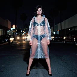 epic wide angle masterpiece full body portrait color photograph of a beautiful woman with  pale, flawless skin, wearing a transparent plastic rain coat on the streets of Los Angeles at night  in Bladerunner (1982),  135mm nikon f/4