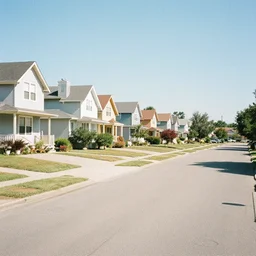 Grainy photograph of a liminal middle class American suburb, with narrow and tall pastel houses, clean, empty street, broad daylight