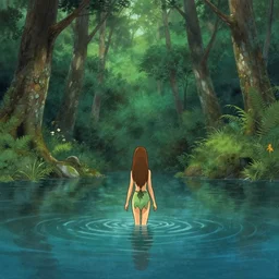 forest nymph rising from the water. view from behind, wide angle view, back view. nuri iyem, james gurney, james jean, greg rutkowski, anato finnstark
